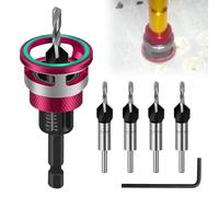 Countersink with Depth Stop, 6-Piece Countersink Drill Bit Set, with 1/4 Inch Hex Shank, Diameter of 2.8, 3.2, 3.5, 4 mm Precise Holes, for Wood Processing, Even Drilling