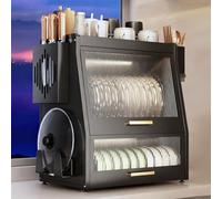 Countertop Dish Drying Rack, Over The Sink dish racks with Flip-Cover Cabinet Doors, Multifunctional Kitchen Counter Utensil Holder, Carbon Steel, Space-Saving