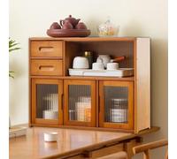 Countertop Storage Cabinet Kitchen Pantry Sideboard with 2 Drawers Bamboo Kitchen Pantry with 3 Doors for Home Kitchen Dining Room Living Room(Brown)