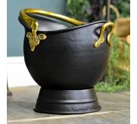 "Countess" 46cm Black and Brass Heavy Duty Coal Scuttle & Log Bucket - Rustic Metal Fireplace Storage Container for Wood, Kindling & Ash - Fireside Accessory for Hearth, Cabin & Home