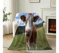 Country Animal Lightweight Comfortable Blanket, Cow Ranch Pattern Machine Washable Throw Blanket, Green Brown Soft Flannel Throw for Bedroom Couch Sofa Office and Travel, 127 x 152 cm
