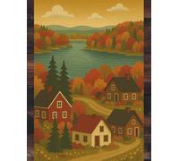 Country Autumn Village Notebook: 8.5" x 11", 120 Wide Ruled Pages, Cozy Fall Houses & Scenic Lake Cover, Paperback