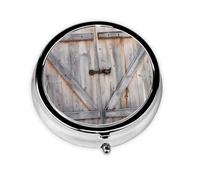 Country Barn Wood Door Printed Round Travel Pill Box Cute Small Metal Pocket Pill Case for Men & Women 3 Compartment Portable Pill Organizer for Purse or Pocket