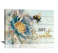 Country Bee Wall Art Rustic Floral Bee Pictures Wall Decor Farmhouse Flowers Canvas Print Just Breathe Painting Framed Home Artwork For Living Room Bathroom Bedroom Kitchen Office 24"x16"