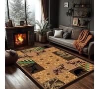 Country Brown Bear Rug, 160x200cm,Vintage Plaid Print Rustic Area Rug, Washable Cabin Area Carpet, Low Pile Farmhouse Wildlife Carpet, for Living Room, Bedroom, Office, Dining Room Non Slip Mat