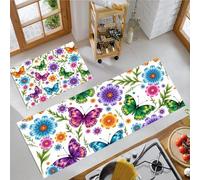 Country Butterfly Non Slip kitchen floor mats Set 2 Piece, Cartoon Insects Kitchen Mat Anti Fatigue Set, Colorful kitchen carpets for Home Decoration - 60X89+60X152cm