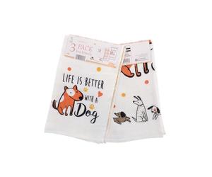 COUNTRY CLUB 100% Cotton Pack of 3 Life is Better with a Dog Design Velour Kitchen Tea Towels
