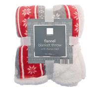 COUNTRY CLUB Nordic Design Fleece Blanket Throw with Sherpa Back - Red and Grey with snowflakes and hearts - 150 x 200cm