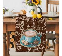 Country Coffee Sugar Blue Cup Table Runner 72 Inches Long, Farmhouse Graffiti Art Brown Back Washable Table Runners Heat-Insulation Kitchen Dining Table Decorations for Home Party Decor 13x72in