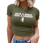 Country Concert Tshirt Women Save a Horse Ride a Cowboy Vintage Cowgirl Crop Tops Summer Slim Fitted Shirts, Green, M