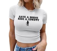 Country Concert Tshirt Women Save a Horse Ride a Cowboy Vintage Cowgirl Crop Tops Summer Slim Fitted Shirts, A White, L