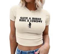 Country Concert Tshirt Women Save a Horse Ride a Cowboy Vintage Cowgirl Crop Tops Summer Slim Fitted Shirts, Beige, M