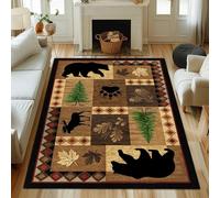 Country Cottage Area Rug, 100x150cm, Southwest Geometric Plaid Pine Leaves Pine Cone Plant Non-Slip Carpet, Bear Deer Animal Wildlife Decorative Floor Mat, Washable Rugs for Kids Room Living Room