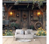 Country Cottage Photo Wallpaper Countryside Log House Pattern Wall Mural 400 × 280 cm / 157.4" × 110" Non-Woven Art Print Wall Mural 3D Photo Picture Wallpaper for Bedroom Living Room Decoration