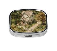 Country Cottage Print Pill Box 2 Compartment Medicine Pill Case,Portable for Pocket Or Purse Pill Box Decorative Metal Medicine Organizer