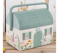 Hobby Gift Embroidered Sewing Box - Country Cottage Floral Design, Wicker Roof & Handle, Includes Internal Plastic Tray with Compartments for Creative Crafters -21 x 30 x 26cm
