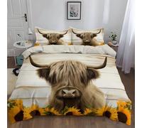 Country Cottage Style Highland Cow King Duvet Cover Set, Microfiber Bedding Set with Pillowcases, Ultrasoft Hypoallergenic Reversible Beige Quilt Cover for Kids Girls Teens Adults (230 x 220 cm)
