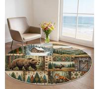 Country Cottage Washable Round Rug Bear Moose Fox Soft Cosy Faux Wool Circle Carpet, 160 cm Non-Slip Round Rug Ideal for Living Room Nursery Bedroom Study Playroom