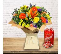 Country Daze Hand-Tied Flower Bouquet - Fresh Orange Germini, Yellow Spray Roses, and Green Chrysanthemums - Perfect for Birthdays, Anniversaries, and Thank You Gifts (+ Lindor Chocolates)