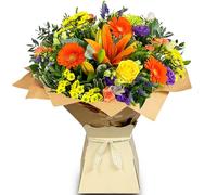 Country Daze Hand-Tied Fresh Flower Bouquet - Vibrant Orange Germinis, Yellow Spray Roses, and Green Chrysanthemums - Perfect for Birthdays, Anniversaries, and Thank You Gifts