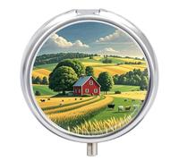 Country Farm Pill Box - 3 Compartment Travel Pill Organizer with Small Mirror, Portable Pillcase for Pocket & Purse, Cute Round Medicine Case, Weekly Medicine Container