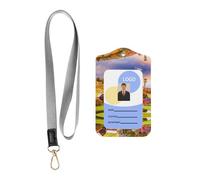 Country Farm Print Id Badge Holder with Lanyard Wallet, Pu Leather Id Badge Card Holder with 1 Clear Id Window and Neck Lanyard(2pcs)
