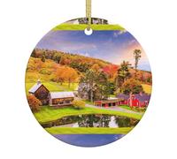 Country Farm Printing 2.9 Inch Round Ceramic Christmas Tree Hanging With Gold Ropes For Holiday Decoration And Gift