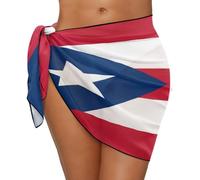 Country Flag Printed Women's Chiffon Blouse Swimsuit Cover-Up Sarong Beach Bikini Wrap Sheer Short Skirt Scarf Pool Vacation, Puerto Rico, One Size