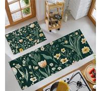 Country Garden Kitchen Mats Sets, 2 Piece Retro Flowers Kitchen Rugs, Waterproof Non-slip Anti-Fatigue Home Runner Washable Standing Floor Mats 40x60cm+40x120cm Pine And Cypress Green