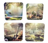 Country Garden Theme Coaster Set, Square MDF Coasters, 9 x 9 cm, Set of 4, Decorative Garden Design 4 different designs in pack