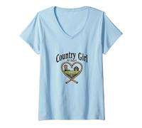 Country Girl at Heart Rustic Farm Cowgirl V-Neck T-Shirt, Women, Baby Blue, M