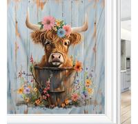 Country Highland Cow Window Privacy Film, Rustic Spring Flowers Animals Frosted Stained Glass Window Film Decorative Static Cling for Glass for Home 60x90 cm