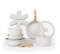 Country Kitchen 16 Piece Pots and Pans Set - Safe Nonstick Ceramic Coating Kitchen Cookware with Soft Touch Wooden Removable Handle, RV Cookware Set, Oven Safe (Cream Gold Speckle Wood Handle)