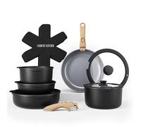 Country Kitchen 16 Piece Pots and Pans Set - Safe Nonstick Kitchen Cookware with Soft Touch Wooden Removable Handle, RV Cookware Set, Oven Safe (Black)