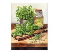 Country Kitchen Art Watercolour Basil Herb Still Life Study Painting Extra Large XL Wall Art Poster Print Artery8 Multi W24 inch x H32 inch