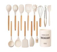 Country Kitchen Non Stick Silicone Utensil Set with Rounded Wood Handles for Cooking and Baking, 14 Piece Set, Khaki