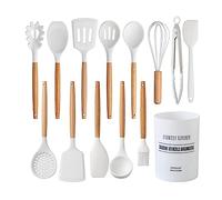 Country Kitchen Non Stick Silicone Utensil Set with Rounded Wood Handles for Cooking and Baking, 14 Piece Set, White