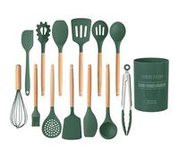 Country Kitchen Non Stick Silicone Utensil Set with Rounded Wood Handles for Cooking and Baking, 14 Piece Set, Green