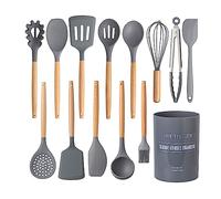 Country Kitchen Non Stick Silicone Utensil Set with Rounded Wood Handles for Cooking and Baking, 14 Piece Set, Gray