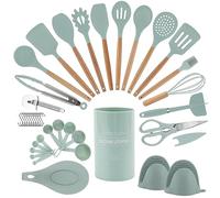 Country Kitchen Non Stick Silicone Utensil Set with Rounded Wood Handles for Cooking and Baking, 38 Piece Set, Mint