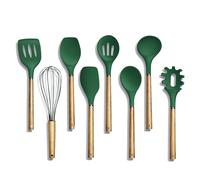 Country Kitchen Non Stick Silicone Utensil Set with Rounded Wood Handles for Cooking and Baking, 8 Piece Set, Green
