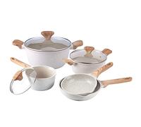 Country Kitchen Nonstick Induction Cookware Sets - 8 Piece Nonstick Cast Aluminum Pots and Pans with BAKELITE Handles - Non-Toxic Pots and Pans- Speckled Cream with Light Wood Handles