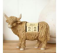 Country Living Highland Cow Figurine Perpetual Calendar - Rustic Wooden Desk Ornament with Movable Date Blocks, Countryside Animal Décor