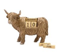 Country Living Highland Cow Figurine Perpetual Calendar - Rustic Wooden Desk Ornament with Movable Date Blocks, Countryside Animal Décor