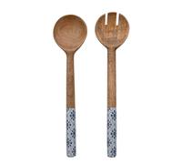 Country Living - Mango Wood Set of Salad Servers - Spoon & Fork Serving Set with Blue Floral Pattern - Kitchen & Dining/Gifting & Homeware - H: 31cm x W: 7cm.