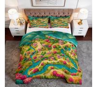 Country Map Mountains Green Trees Coverless Duvet Double 7.5 Tog, Reversible Cartoon Bedding Set, Soft Washable Quilt with Pillowcases for All Season Summer Camping Blanket 200 x 200 cm