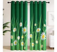 Country Meadow Botanical Curtains Eyelet Blackout Curtains, Fresh Wild Daisies & Meadow Grass on Deep Green Background Thermal Insulated Bedroom Drapes, 54" W x 90" D (137 x 228 cm), 1 Pair