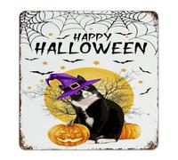 Country Metal Signs Happy Halloween Black Cat Witch Hat Room Decor for Men Aluminum Tin Signs for Cabin Gate Shop Scary Bats Cat Lovers Pet Art Poster Gift for Bathroom 12x12 Inch