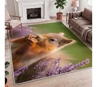 Country Nature Animal Decor Squirrel Eating Acorn Purple Heather Multicolor Area Rug, Easy-Clean 140x200cm (4.6x6.6ft), Non-Slip 0.27" Thick Washable Carpet, for Home, Living, Dining