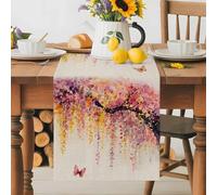 Country Ombre Pink Yellow Flower Table Runner 70 Inches Long,Table Runners Kitchen Dining Tables Decoration for Home Party Decor, Butterfly on Retro Linen Tables Runner Wedding Dresser Scarf